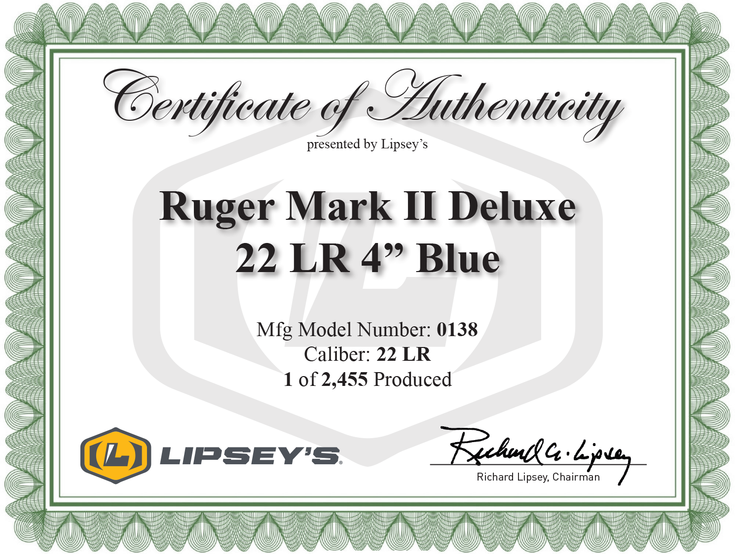 Lipsey's Exclusive Ruger Mark II Deluxe Certificate of Authenticity