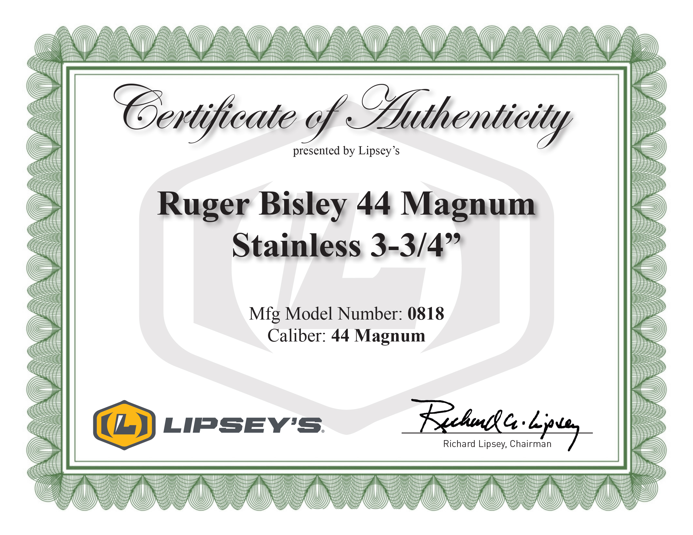 Lipsey's Exclusive Certificate of Authenticity