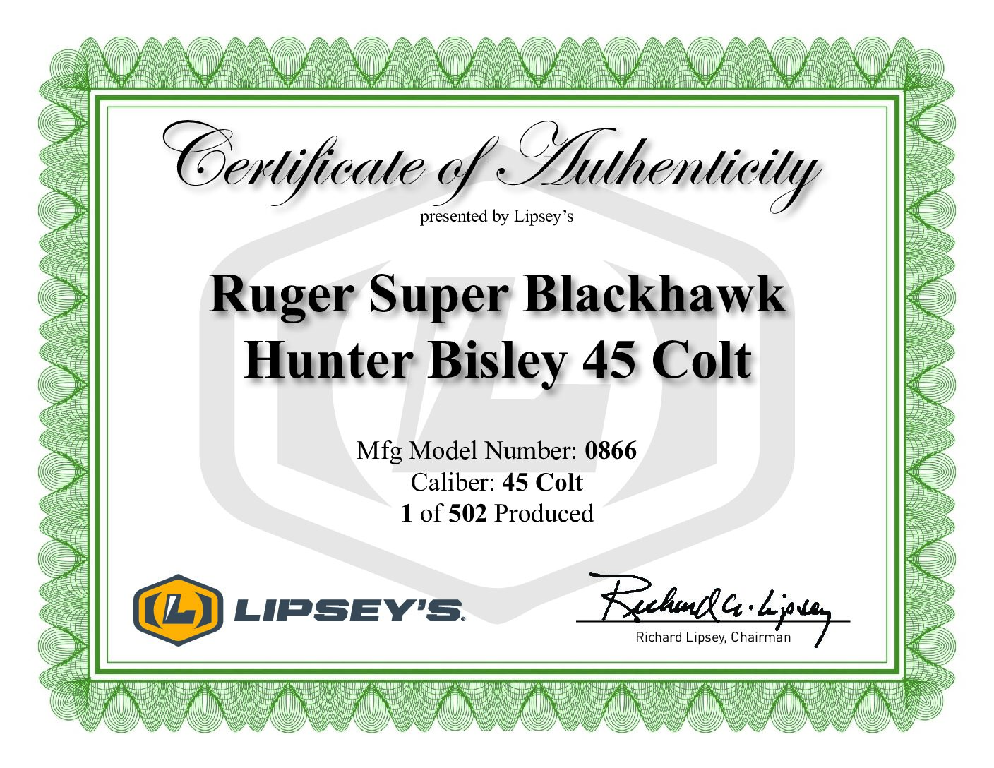 Lipsey's Exclusive Ruger Certificate of Authenticity 
